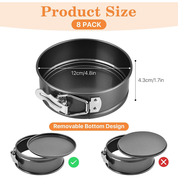 8 форм для кексів діаметром 10.2 см, міні-форми для чізкейків, знімний дно, антипригарне покриття, сталь