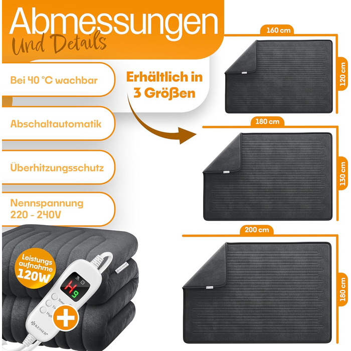 Електрична грілка KESSER® з плюшу 180x130 см сірого кольору | з таймером, автоматичним вимкненням, 7 температурних режимів, цифровим дисплеєм, прання до 40°C | Тепла та м'яка ковдра | Сертифікат TÜV SÜD GS
