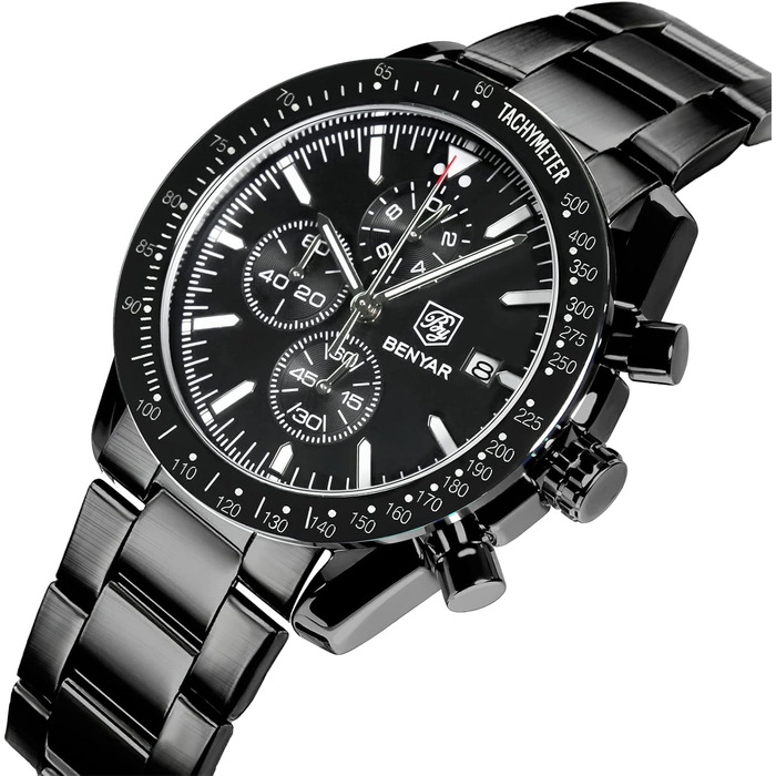 Годинник чоловічий BENYAR з коричневим шкіряним ремінком, кварцовий хронограф, відображення дати, водонепроникний, спортивний годинник з блакитно-чорним циферблатом, корпус з нержавіючої сталі