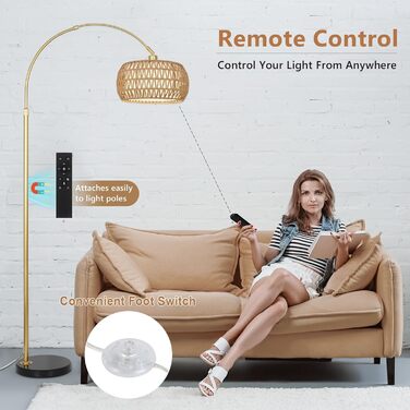 Rayofly Торшер для вітальні Bogenlampe, бохо стиль, ротанг, з пультом ДУ та LED-лампою, керування через додаток, димування, для спальні, офісу (Золотий)