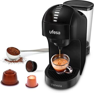Ufesa Bellagio 3-in-1 Multi-Capsule Coffee Machine for Nespresso Original Capsule, Dolce Gusto, or Ground Coffee, Digital Touch Panel with 7 Levels, 1 L Water Tank, 1400 W, 15 Bar Pressure, Compact (1400 W | Black)