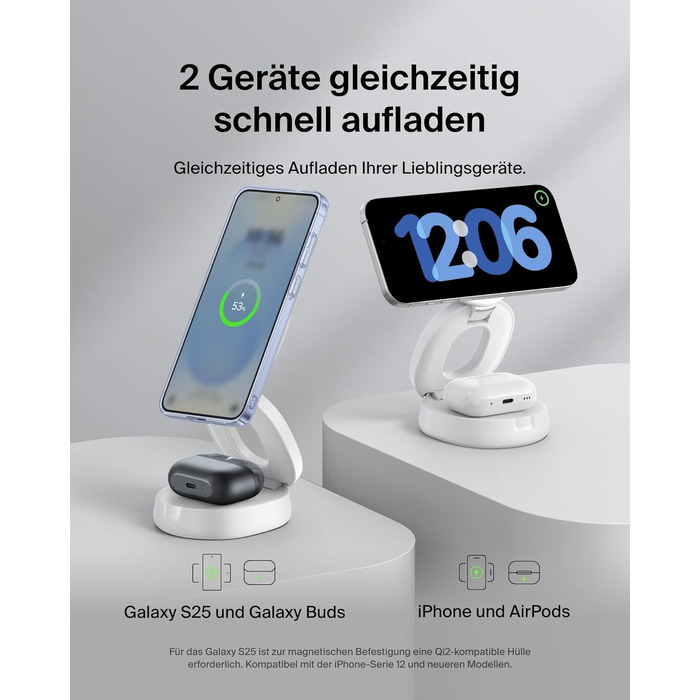 Бездротова зарядна станція 2-в-1 Belkin BoostCharge Qi2 15W MagSafe для iPhone 17, AirPods, Pixel, біла (з адаптером 30 Вт)