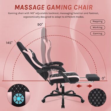 WOLTU Gaming Chair with Massage Function, Computer Chair with Pocket Spring Cushion, Ergonomic Gamer Recliner, Swivel Chair with Headrest, Lumbar Pillow, Footrest, Mesh Fabric, Black+Pink, GS15swr Black+pink Mesh Fabric