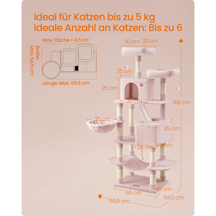 Кігтеточка Feandrea для котів, 206 см, XXL, з 13 кігтеточками, 2 платформами, 2 хованками, кошиком, помпонами, багатоярусна, плюшеве покриття, для дому, кремово-білий колір