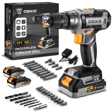 Акумуляторний шуруповерт DEKOPRO 20V 40 Nm: комплект з 2 акумуляторами, LED, 18+1 момент, для дому та DIY, сірий