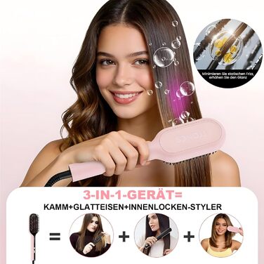 Іонізаційна щітка-випрямляч для волосся iToncs 2-в-1 з захистом від опіків та функцією пам'яті, LCD-дисплей, 5 температурних режимів (120°C-230°C), Dual Voltage, рожева