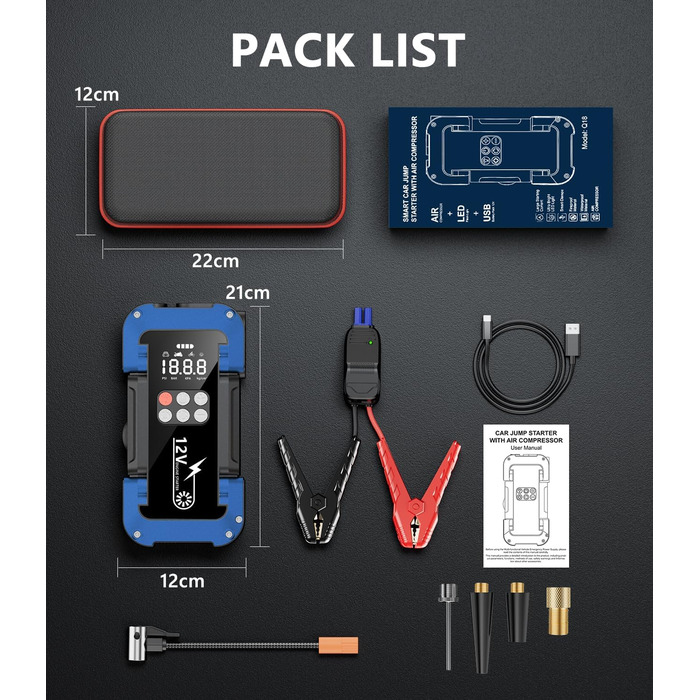 Powerbank Starthilfe 150PSI: портативний стартер для авто з компресором, 26800mAh, LED-ліхтар, LCD-дисплей