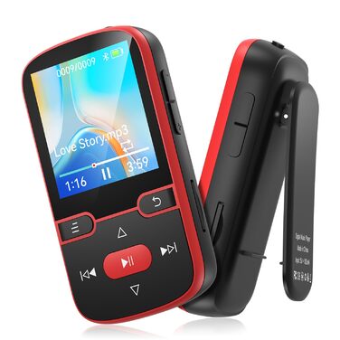 MP3 плеєр 64GB Bluetooth 5.3 з кліпсою, Hi-Fi, для спорту, з FM-радіо, диктофоном, крокоміром, підтримка картки до 128GB, червоний