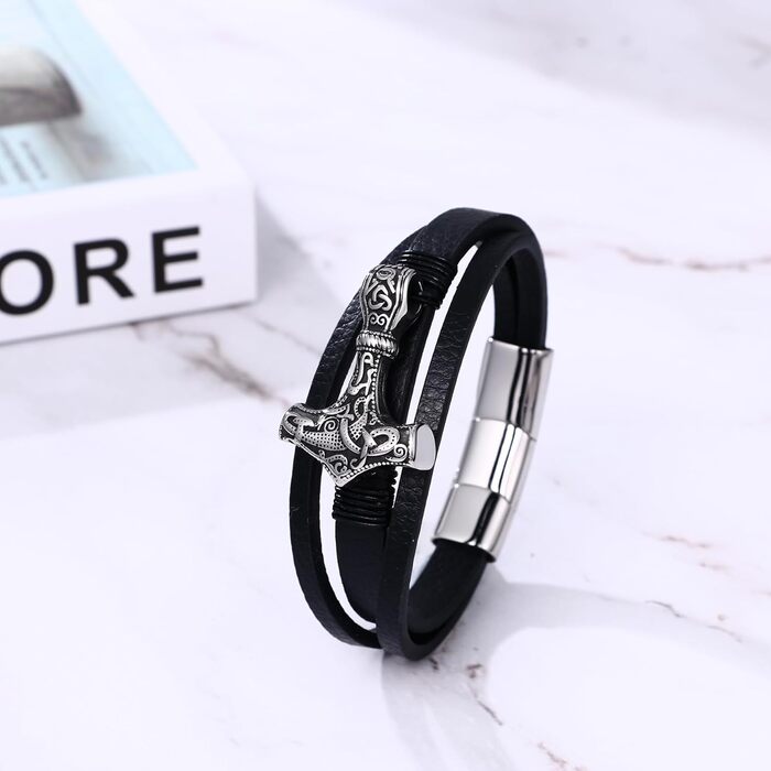 Чоловічий браслет Flongo з плетеного шкіряного шнура, стилізований під молот Тора (мультяшний молот), вікінзький браслет, регульований, з застібкою, амулет, подарунок для чоловіків