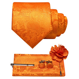 Набір краваток JEMYGINS для чоловіків: краватка у візерунку пейслі, кишеньковий хустинка, краваткова затискач, брош, застібки для манжет (помаранчевий)