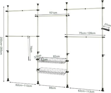 SoBuy KLS04-SCH Telescopic Clothing Rail Clothes Rack with 5 Clothes Rails and 2 Baskets Telescopic Wardrobe System Adjustable Shelving System B (209-311) x H (200-285) cm (White)