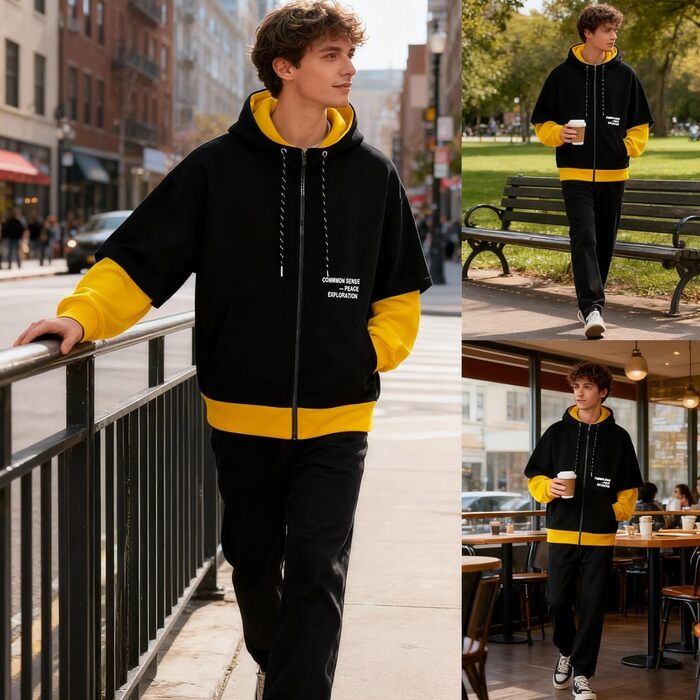 Чоловіча толстовка з капюшоном RUIZEHONG з блискавкою, спортивна куртка, блоковий колір, повсякденний стиль, з кишенями, біло-чорна (чорно-жовта, L)