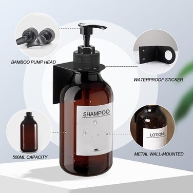 RISAKOGO Soap Dispenser Wall Mount No Drilling, 3-Piece Set 500ml Soap Dispenser Wall Brown Shampoo Dispenser Shower Dish Soap Dispenser Shampoo Dispenser for Kitchen Bathroom