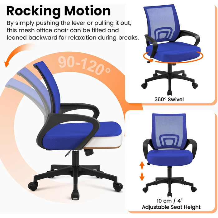 Офісний стіл Yaheetech з ергономічною спинкою з сітки, регульованою висотою та підлокітниками, поворотний крісло для начальника, витримує до 136 кг, блакитний