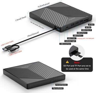 Зовнішній DVD-накопичувач ORIGBELIE з 4 USB та 2 TF/SD слотами, ультратонкий CD/DVD-привід (записувач та рідер) для ноутбука, PC, Mac, Windows 11/10/8/7, Linux