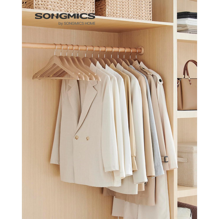 SONGMICS Wooden Clothes Hangers, 24-Piece Set, Wooden Hangers, Shoulder Indentations, Trouser Bar, Trouser Hanger, 360° Swivel Hook, for Jackets, Shirts, Coats, Natural Beige CRW010N24