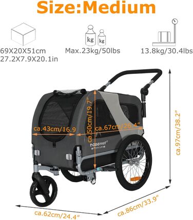 DOGGYHUT® Преміум візок для собак 2-в-1: візок-бугель для собак до 23 кг (Сірий)