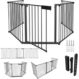 Захисний сітковинний бар'єр для каміну, 310 см, металевий, з дверцятами, білий/чорний