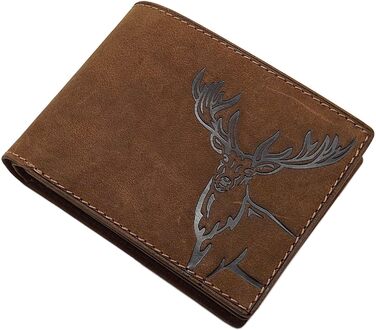 myledershop Genuine Buffalo Leather Wallet/Bifold/Cardholder/Money Clip in Portrait or Landscape Orientation with Deer Motif and RFID & NFC Protection