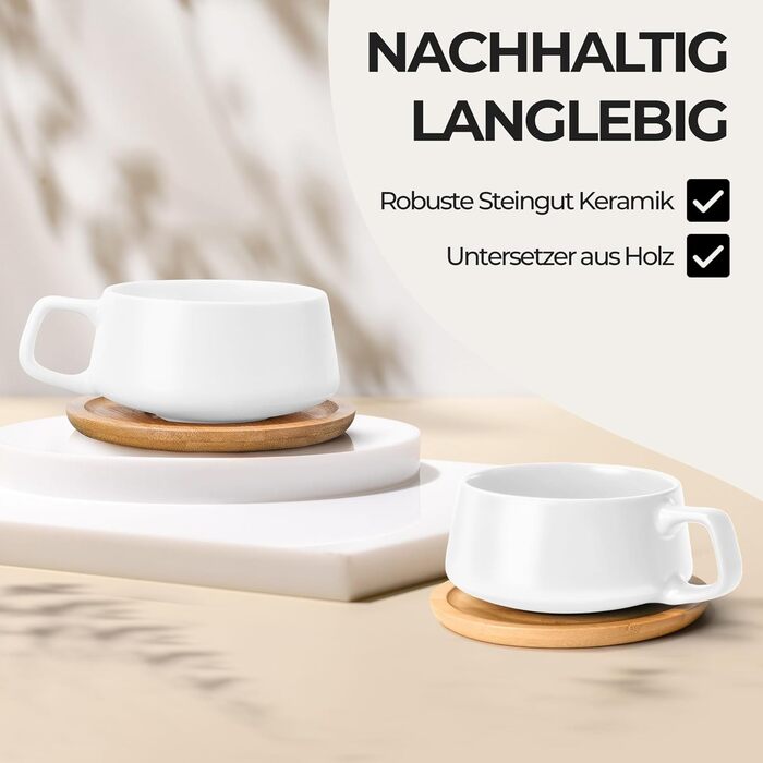 MIAMI - Set of 4 x 320 ml Coffee Cups/Cappuccino Cups with Saucers/Elegant/Modern/Coffee Cups made of Stoneware - Luxe Collection 4-Piece Set (White)