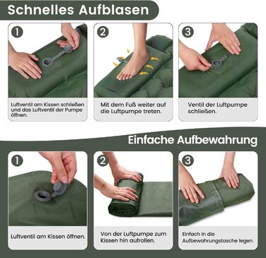 Каремат самонадувний туристичний Tuocal Isomatte, 9 см, з подушкою, з насосом, антиковзаюча поверхня, для кемпінгу, відпочинку на природі, подорожей, намету (армійний зелений)