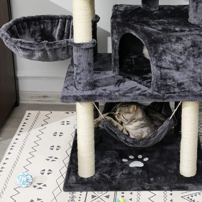 Котячий будиночок MSmask з сизалю, 153 см, для великих котів, з платформами та гротами, стабільний, темно-сірий