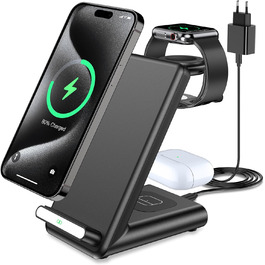 3-в-1 Бездротовий зарядний пристрій: для iPhone 16, 15, 14, 13, 12, 11 Pro Max, Apple Watch та AirPods Pro