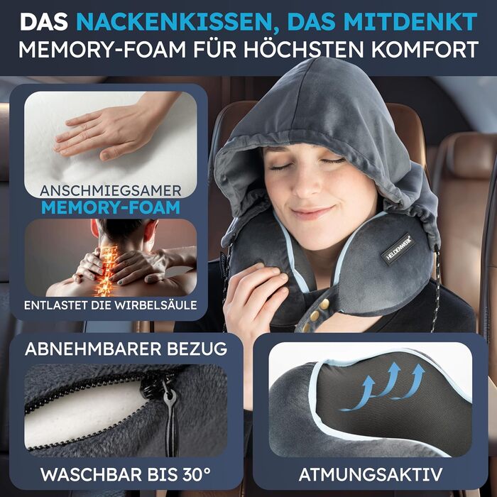 Подушка для шиї Comfy від HELDENWERK для подорожей: Memory Foam, 6-позиційна, для авто/літака, зручна, дихаюча, миюча (темно-сіра)
