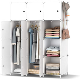 HOMIDEC Wardrobe, Portable Storage System, 20 Cube Closet made of Plastic with 2 Clothes Racks, Bedroom Wardrobe Closet White for Bedroom, 180 x 142 x 45cm (12 cube, All White)