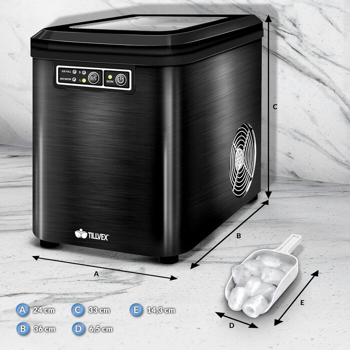 Tillvex Stainless Steel Ice Maker - 12kg Capacity, 24-Hour Production | 2.2L Water Tank, LED Display, Self-Cleaning & 2 Ice Cube Sizes (Black)