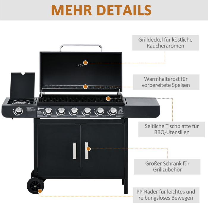 Газовий гриль Outsunny BBQ з візком, 6 конфорок, 1 бічна конфорка, шафка, багатофункціональний, метал, чорний, 135 x 50 x 100 см | Aosom