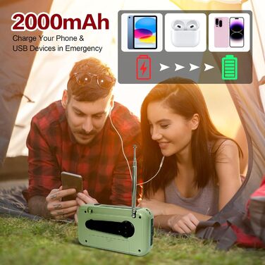 Радіо на сонячній батареї з ручкою та акумулятором 2000mAh, SOS-сигнал, ліхтарик, AM/FM, USB, для кемпінгу та подорожей