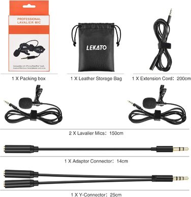 Мікрофон-петличка LEKATO для смартфона та ПК (2 шт.), 3.5 мм, 2 м кабель для запису, трансляцій, інтерв'ю, конференцій, подкастів