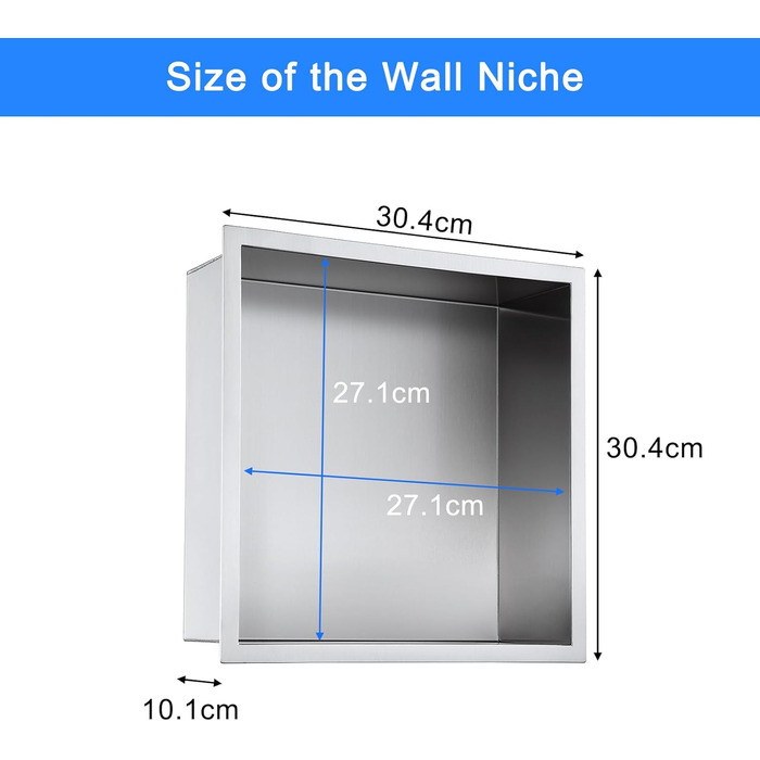 KINKIBOS Wall Niche Shower Stainless Steel, No Tiles Required, Recessed Shower Niche 30 x 30 x 10 cm, Shower Niche Single Shelf Storage
