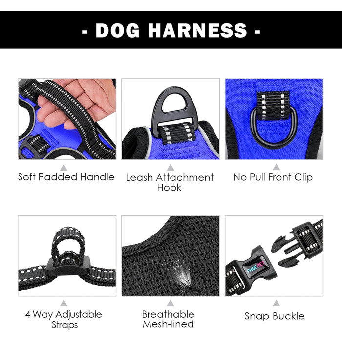 Шлейка для собак PHOEPET без тяги, світловідбиваюча, регульована, з ручкою, 2 металеві кільця, 3 застібки, легко одягається/знімається (Королівський синій, L)