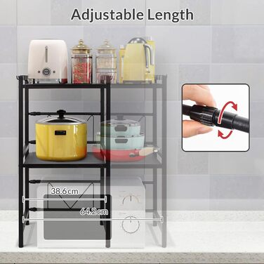 Підставка для мікрохвильової печі Todeco, 3-рівнева, регульована, з 6 гачками, чорна, до 25 кг, 36-60 x 36 x 44 см