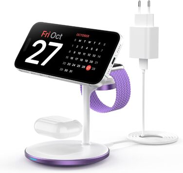 3-в-1 Індукційна Зарядка для Кілька Пристроїв, 15W MagSafe, iPhone 15/14, iWatch Ultra/Series 9/8, AirPods, Білий/Фіолетовий
