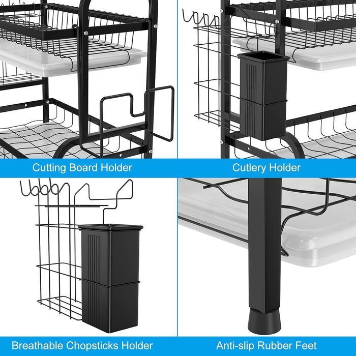 Сушарка для посуду Astoryou 2-ярусна, чорна, з підставкою для столових приборів, з нержавіючої сталі (42x23x41 см)