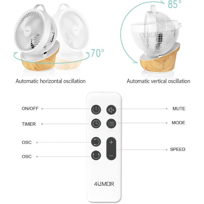 Вентилятор 4UMOR Turbo: тихий, 21W, 12 швидкостей, 3D циркуляція повітря, таймер 8H, для спальні/офісу (білий)