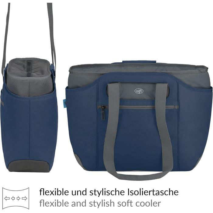 alfi ISO Bag 2in1 23 Liter, Dark Denim, Polyester Thermo Cooler Bag with extra carry bag, insulated shopping bag for groceries, swimming pool, sauna, insulated bag, flexible, washable