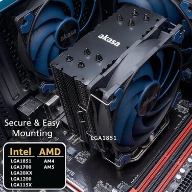 Кулер для процесора Akasa Alucia H4 Plus (LGA1700 Edition) з 120мм вентилятором, 4 теплові трубки, 185W TDP, для Intel LGA 2066, 2011, 1151, 1155, 1150, 1200, AMD AM4 AM5 Ryzen