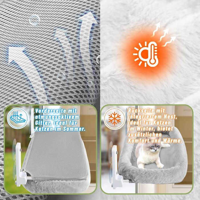 Лежанка для котів на вікно 60x30 см, гамак для котів зі стабільними присосками, складане ліжко для котів на віконну раму, підходить для котів вагою до 20 кг (з ліжком для котів XL, сірий)