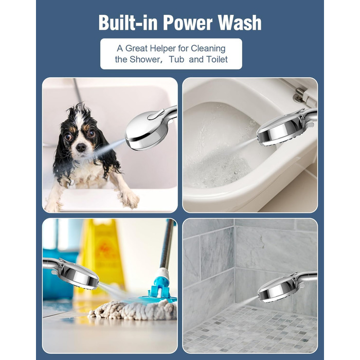 Душова лійка BOWGER із фільтром, 6 режимів, високий тиск, Power Wash, для жорсткої води, знімна, хромована, золотиста, з довгим шлангом