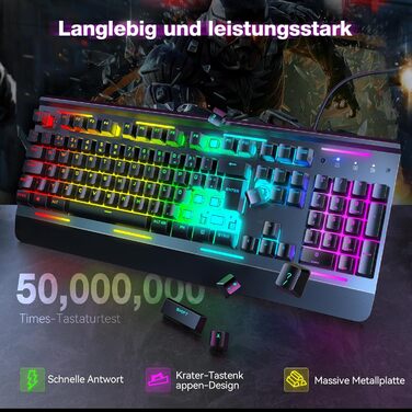 TECKNET RGB ігрова клавіатура для ПК, мембранна, 105 клавіш, повний металевий корпус, підставка для зап'ястя, 15 зон RGB підсвічування, 25 антиблінд, клавіатура для комп'ютера, німецька розкладка (QWERTZ)