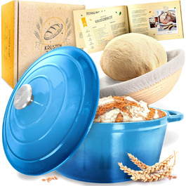 KRUSTENZAUBER Enameled Cast Iron Pot for Bread Baking [incl. Proofing Basket] - High-Quality Enamel Pot 26cm - Ideal cast iron pot for baking bread, cast iron bread baking pot, bread baking accessories Blue