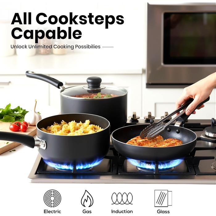 Набір посуду KICHLY 8 предметів з антипригарним покриттям для індукційних плит: каструлі 16, 18, 20 см з кришками, сковороди 20, 28 см