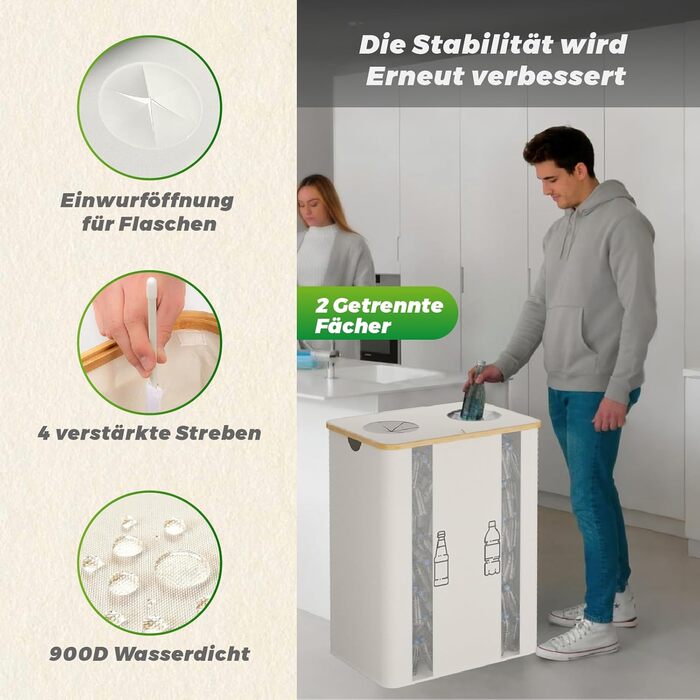 Laundry basket with 2 compartments, deposit bottle collection container with lid, container for deposit bottles, glass recycling, and paper waste collection, deposit bottle container bamboo with bag, must-have (Beige/Cream, XXL)