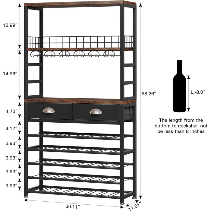 Homeiju Wine Rack, Freestanding Floor, Bar Cabinets for Liqueurs and Glasses, 4-Tier Bar Cabinet with Tabletop, Glass Holder, Storage Drawer and Wine Storage for Living Room, Kitchen, (Retro Black Brown)