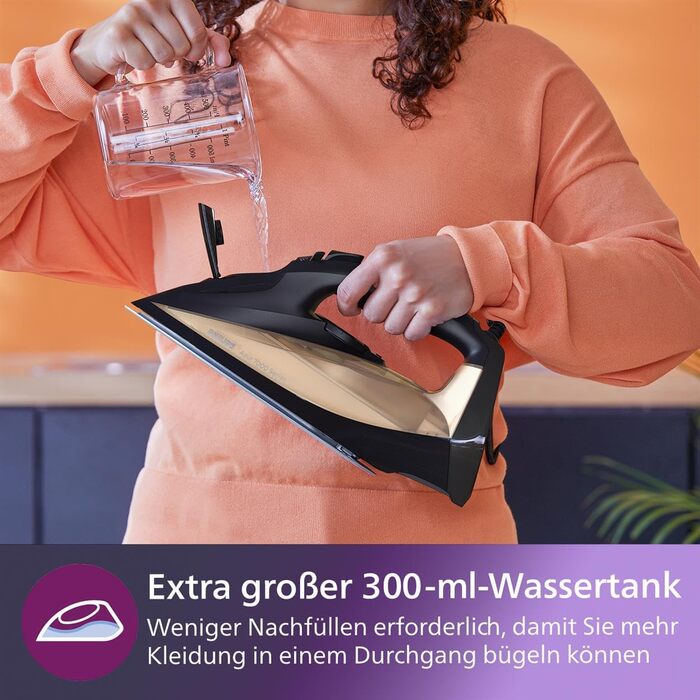 Philips 7000 Series Steam Iron, Constant Steam Power of 50 g/min, Steam Boost of 250 g, SteamGlide Elite Soleplate, Automatic Safety Shut-off (DST7040/80) 250 g Steam Boost 50 g Continuous Steam Black/Gold