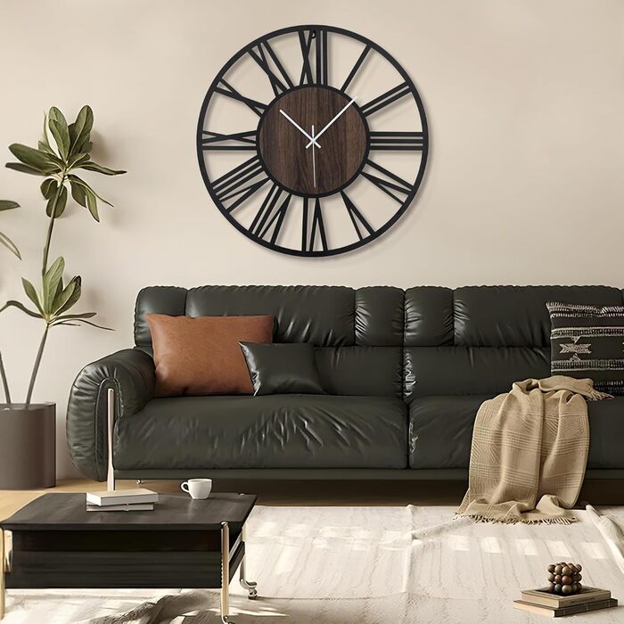 HAITANG Round Wall Clock, Black, 34 cm, for Living Room, Decoration, Vintage Style, Roman Numerals, Silent, Non-Ticking, Wall Clocks for Home, Garden, Office, Cafe Decoration (50 cm, Black)